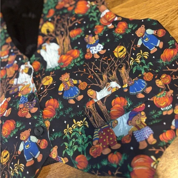 Vintage Halloween Bear Vest | XL | Made in USA | Pumpkins Ghosts Trick-or-Treat - Picture 4 of 9